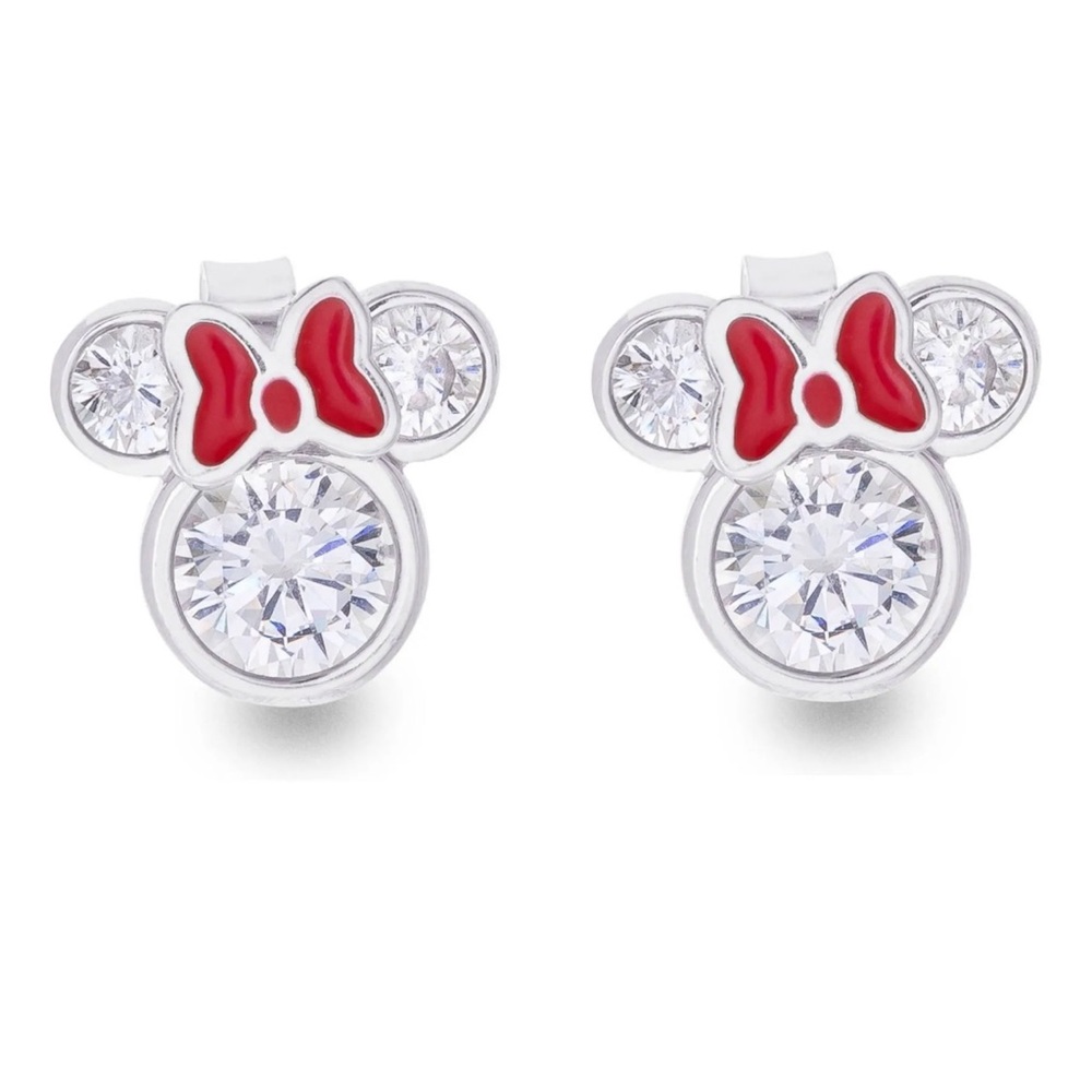 💛 Disney 925 Silver Crystal & Red Enamel Minnie Mouse Earrings